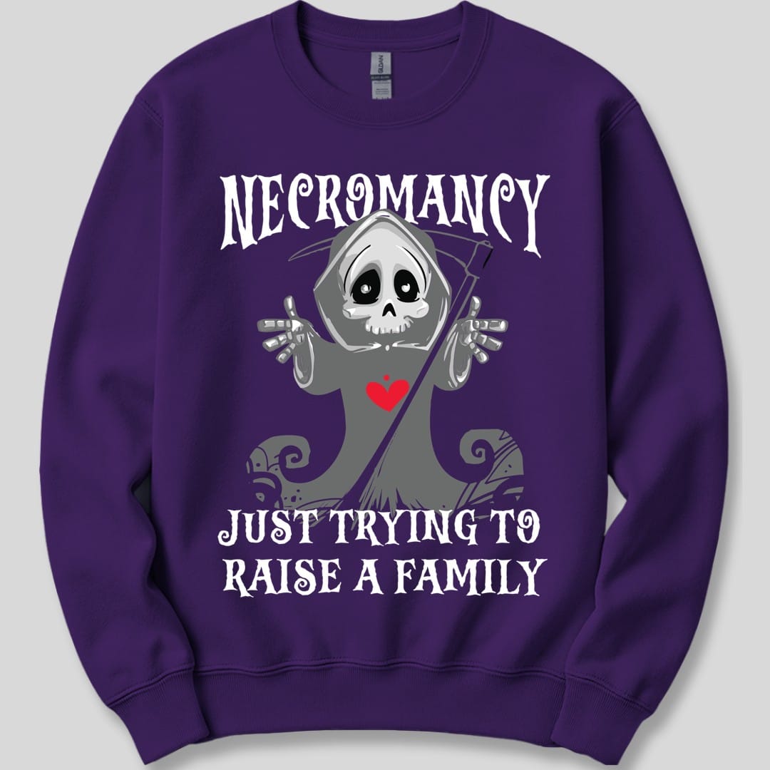 The same Necromancy reaper design, on a purple sweatshirt.