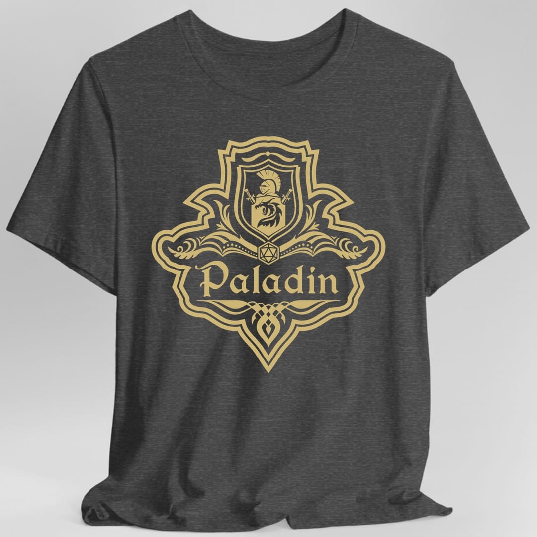 The same Paladin one-color emblem design, on a dark heather t-shirt.