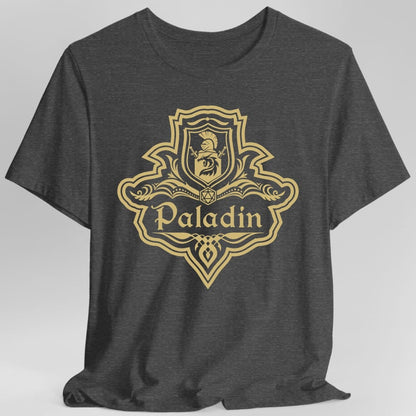 The same Paladin one-color emblem design, on a dark heather t-shirt.
