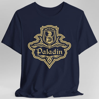 The same Paladin one-color emblem design, on a navy t-shirt.