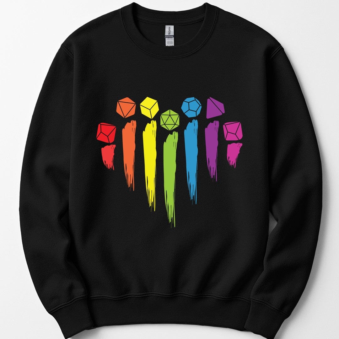 The same Pride dice rainbow design, on a black sweatshirt.