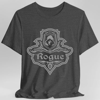 The same Rogue one-color emblem design, on a dark heather t-shirt.