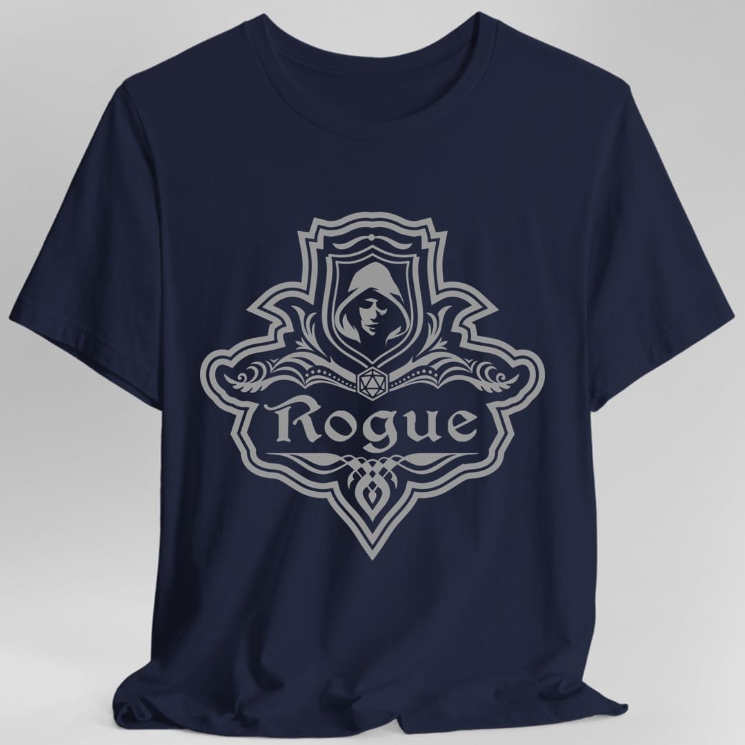 The same Rogue one-color emblem design, on a navy t-shirt.
