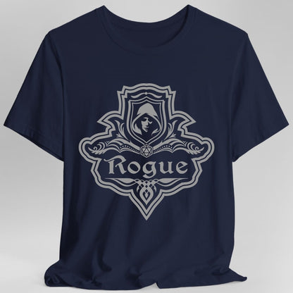 The same Rogue one-color emblem design, on a navy t-shirt.