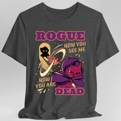 The same Cute Rogue design, on a dark heather t-shirt.