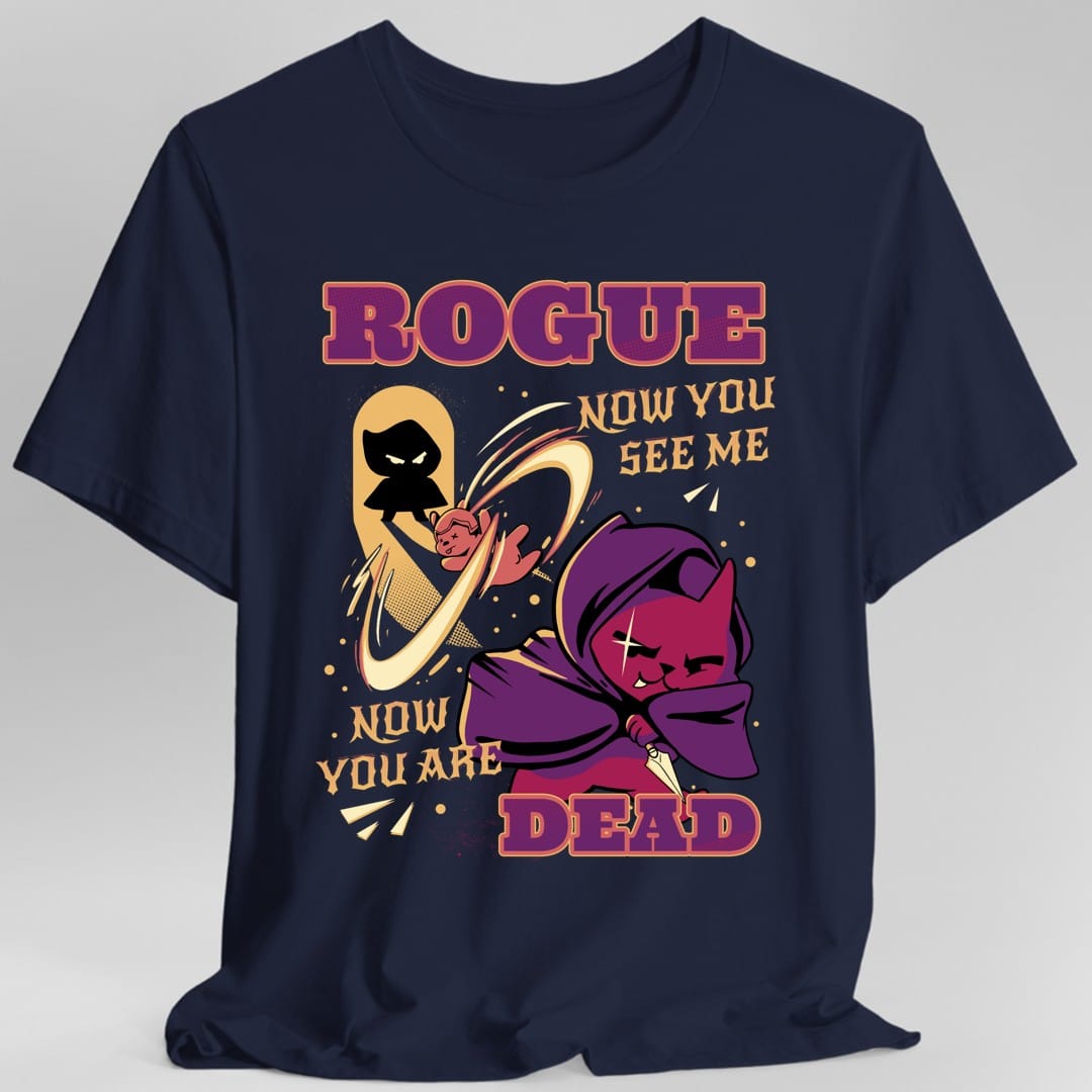 The same Cute Rogue design, on a navy t-shirt.
