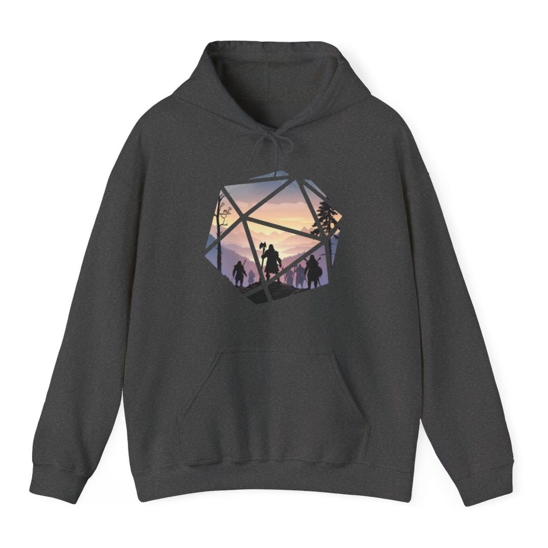 The same D20 landscape design, on a dark heather hoodie.