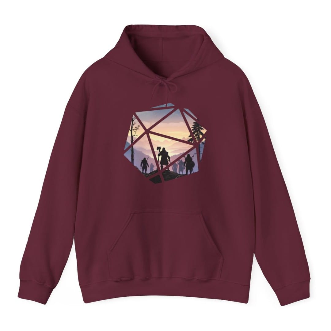 The same D20 landscape design, on a maroon hoodie.