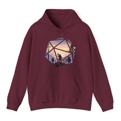The same D20 landscape design, on a maroon hoodie.