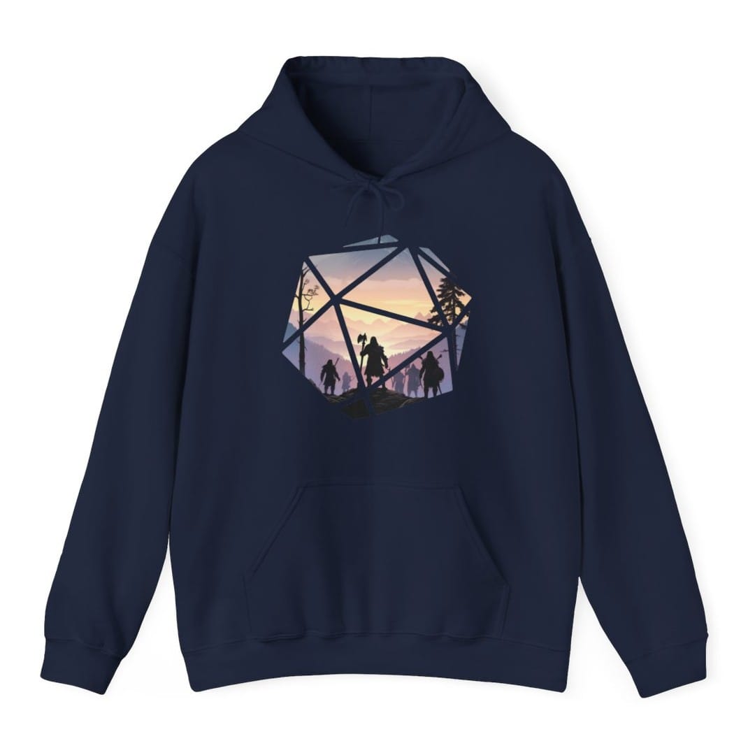 The same D20 landscape design, on a navy hoodie.