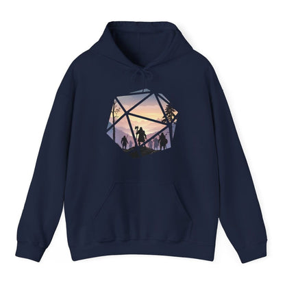The same D20 landscape design, on a navy hoodie.