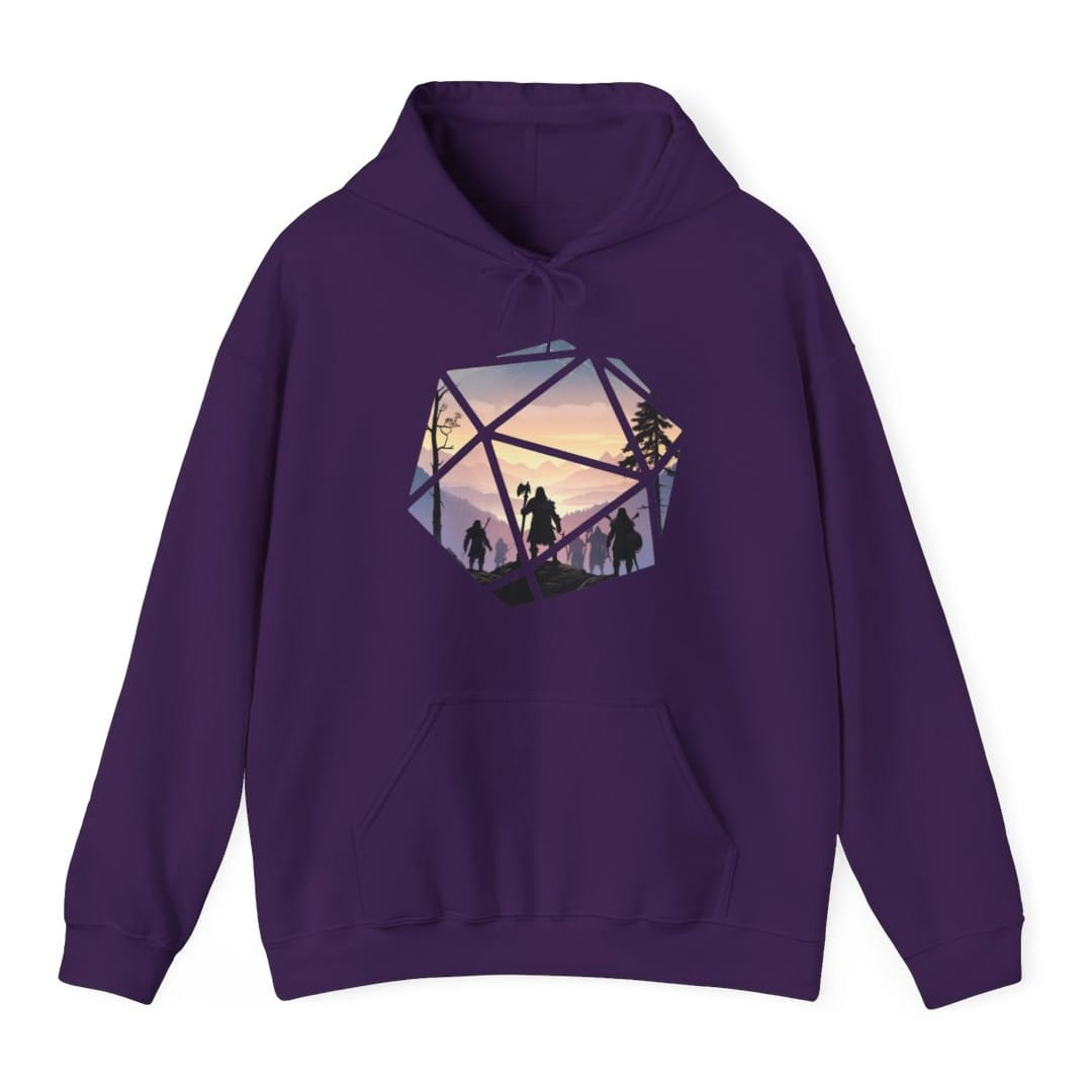 The same D20 landscape design, on a purple hoodie.