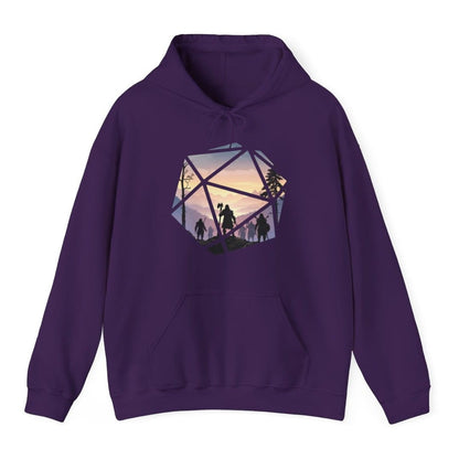 The same D20 landscape design, on a purple hoodie.