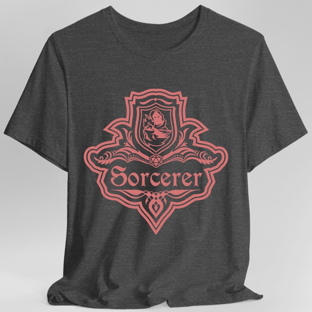 The same Sorcerer one-color emblem design, on a dark heather t-shirt.