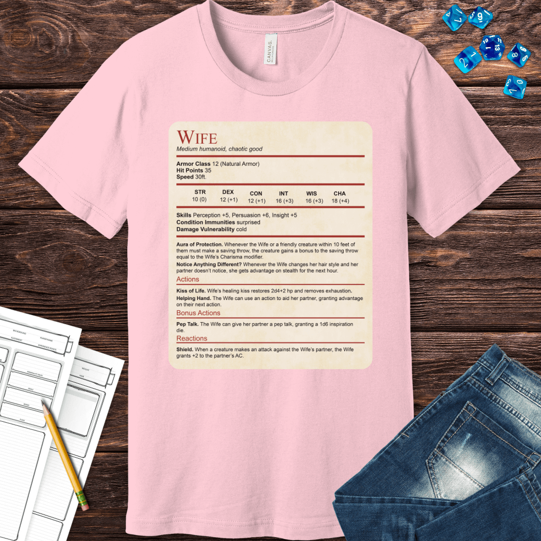 Printify T-Shirt DnD Wife Stat Block T-Shirt