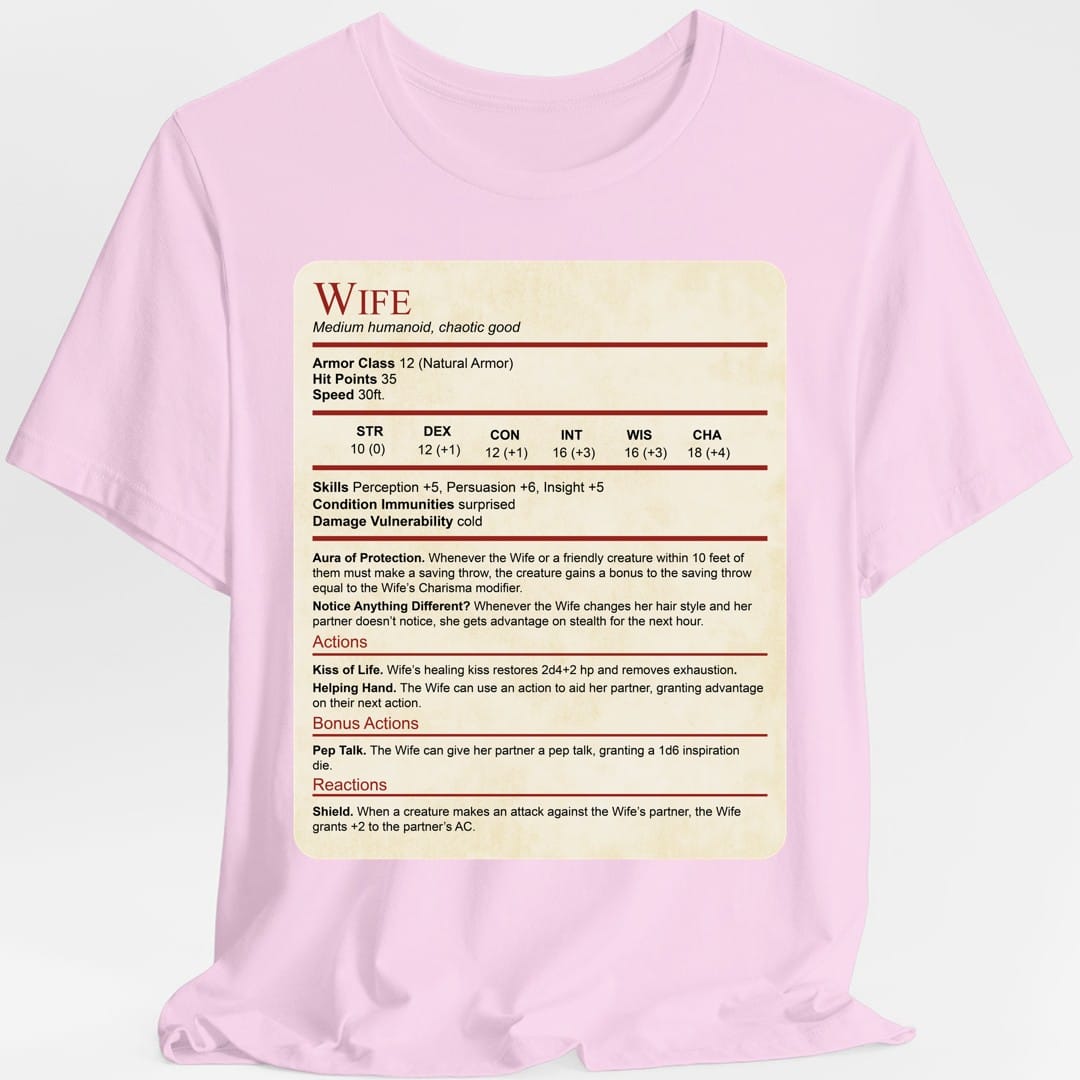The same Wife stat block design, on a light pink t-shirt.