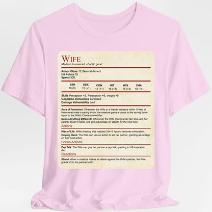 The same Wife stat block design, on a light pink t-shirt.