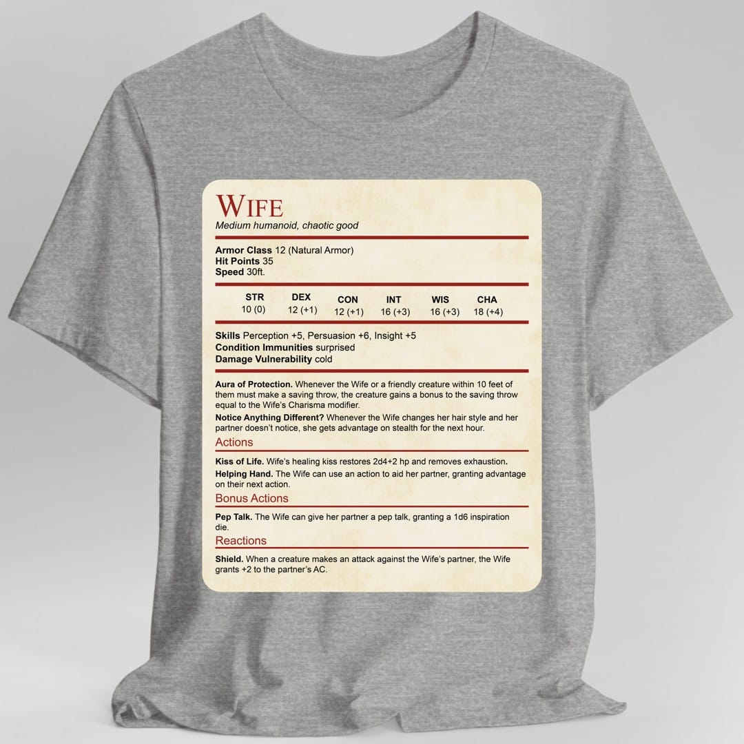 The same Wife stat block design, on a sport grey t-shirt.