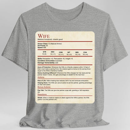 The same Wife stat block design, on a sport grey t-shirt.