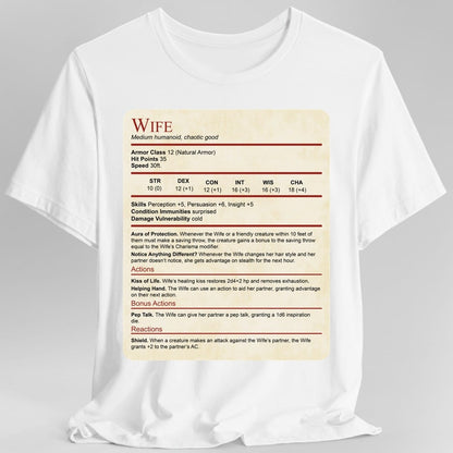 The same Wife stat block design, on a white t-shirt.