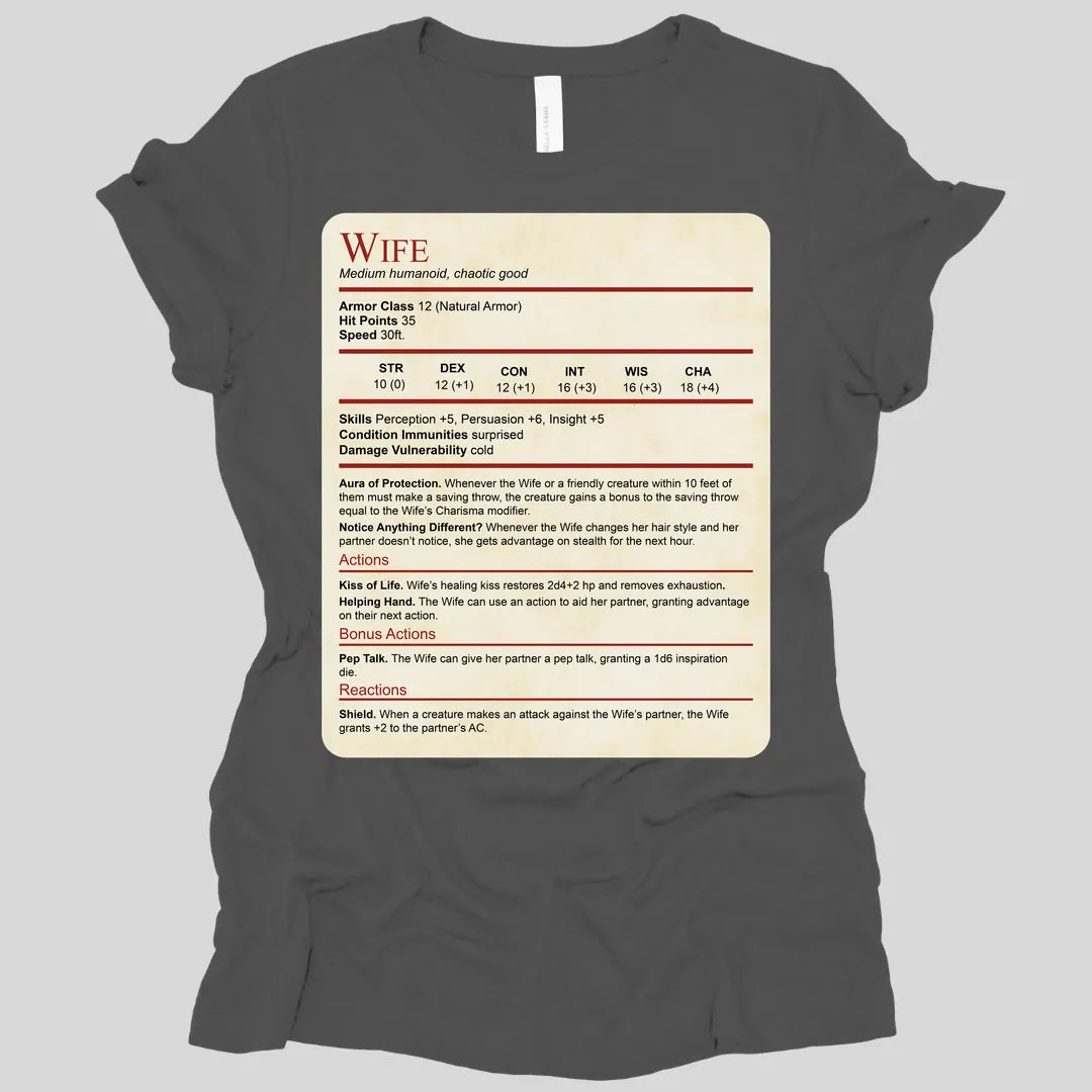 Printify T-Shirt Asphalt / S DnD Wife Stat Block Women's T-Shirt