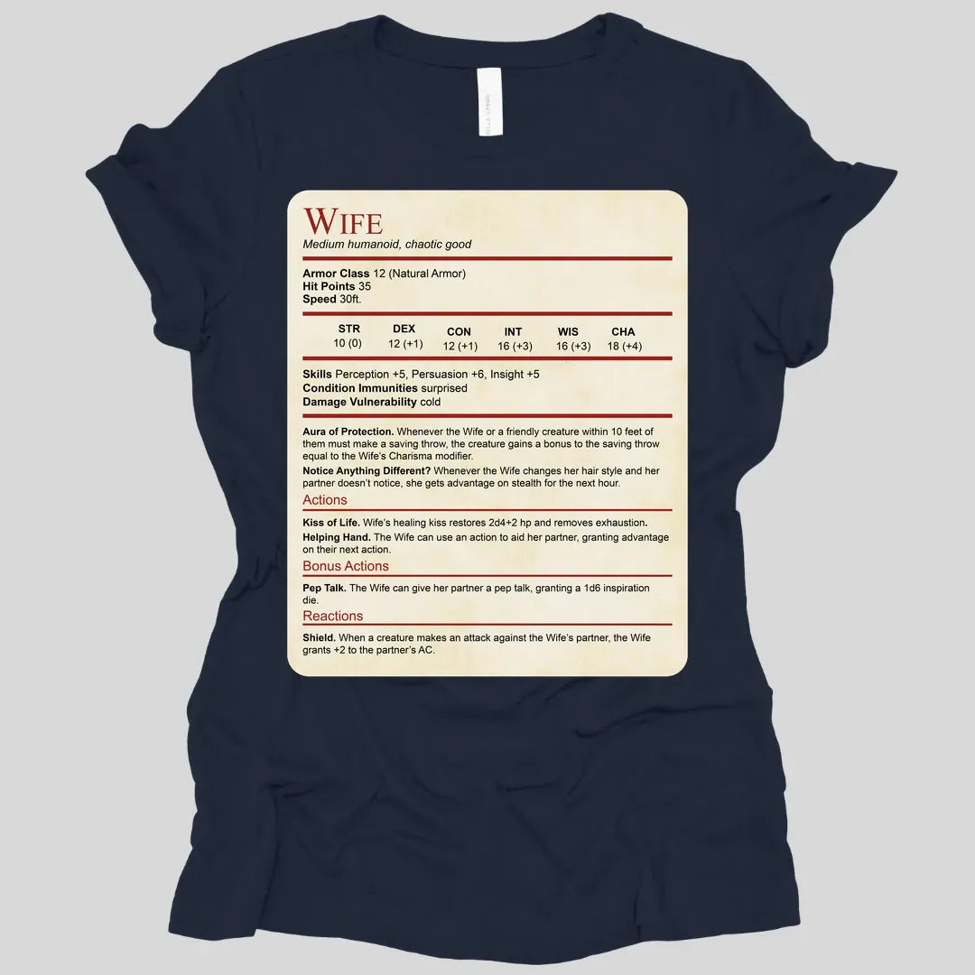 Printify T-Shirt Navy / S DnD Wife Stat Block Women's T-Shirt