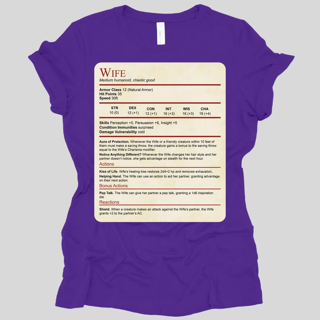 Printify T-Shirt Team Purple / S DnD Wife Stat Block Women's T-Shirt