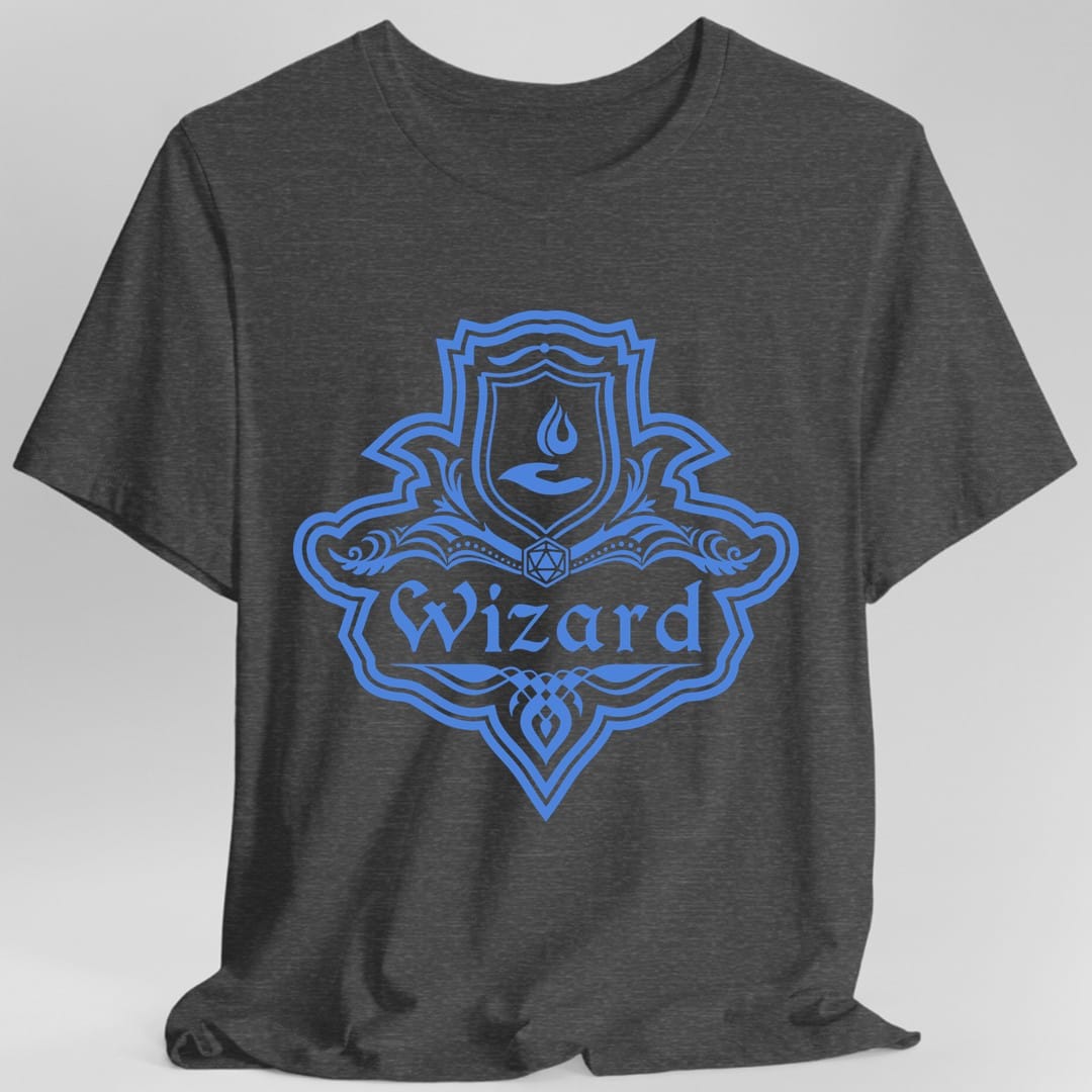 The same Wizard one-color emblem design, on a dark heather t-shirt.