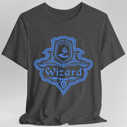 The same Wizard one-color emblem design, on a dark heather t-shirt.