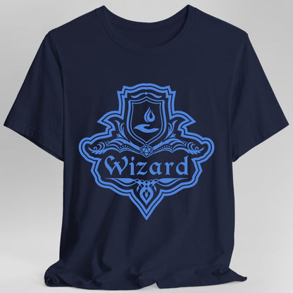 The same Wizard one-color emblem design, on a navy t-shirt.