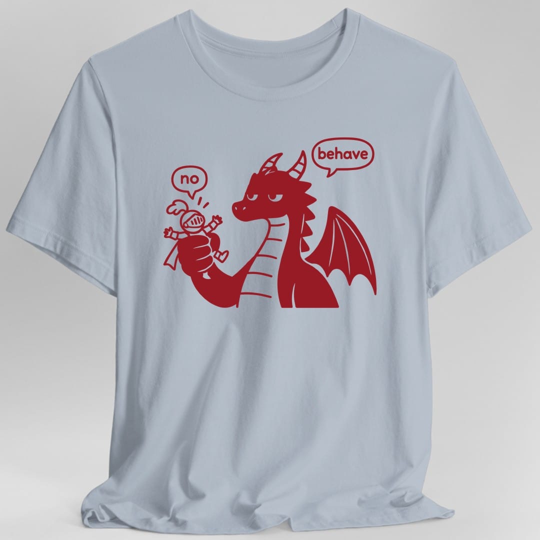 The same Dragon Behave design, on a light blue t-shirt.