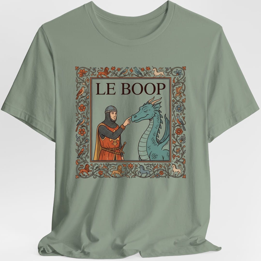 The same Le Boop dragon design, on a sage t-shirt.