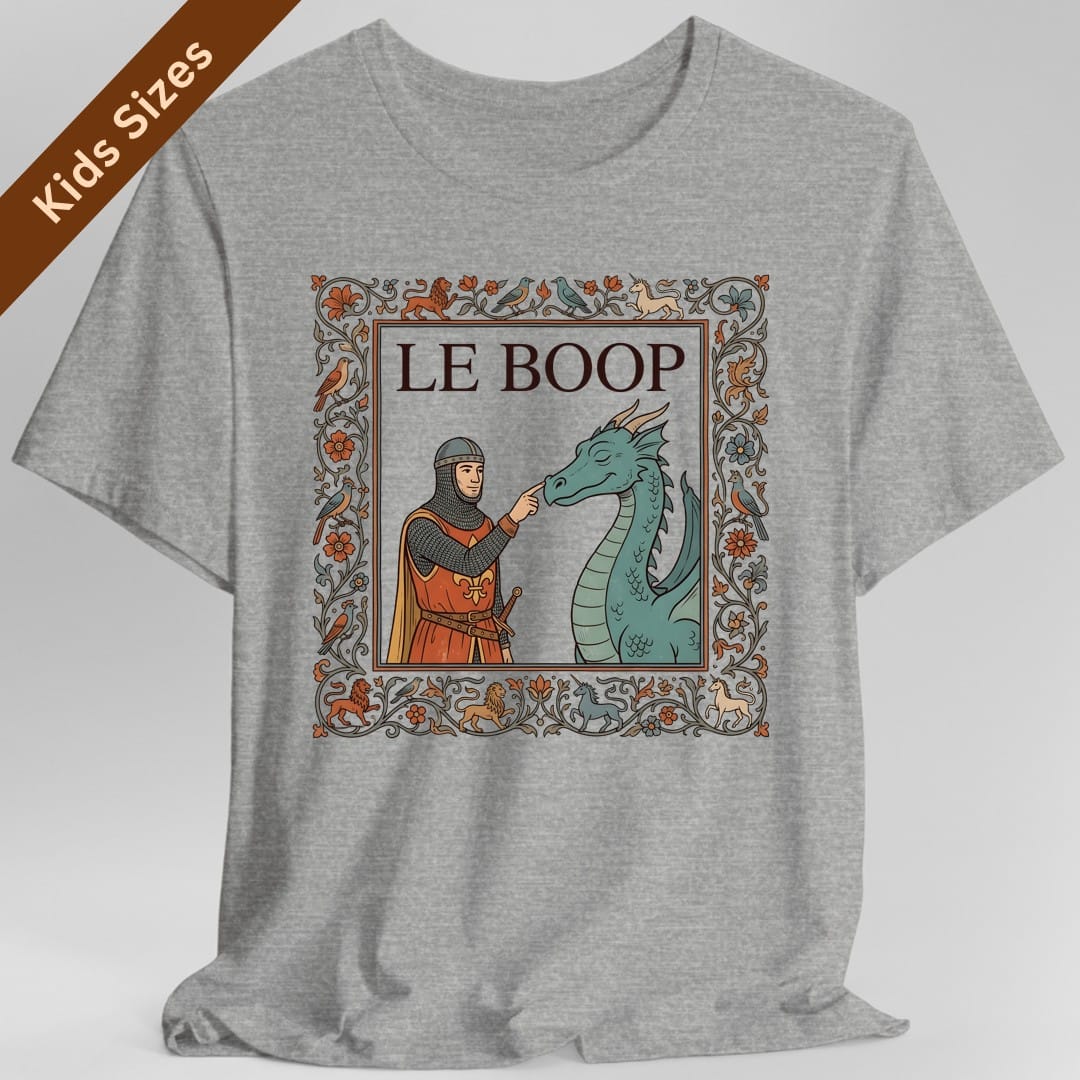 The same Le Boop dragon design, on a sport grey kids t-shirt.
