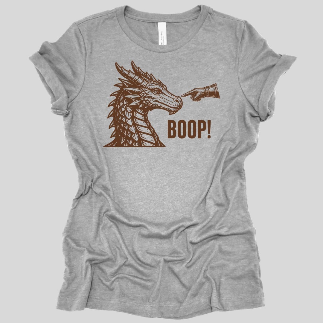 The same Dragon Boop design, on an athletic heather t-shirt.