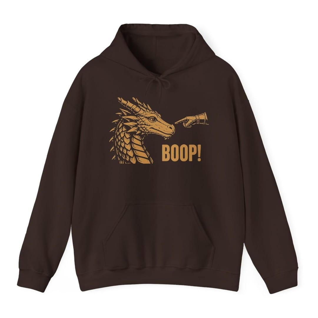 The same Dragon Boop design, on a dark chocolate hoodie.