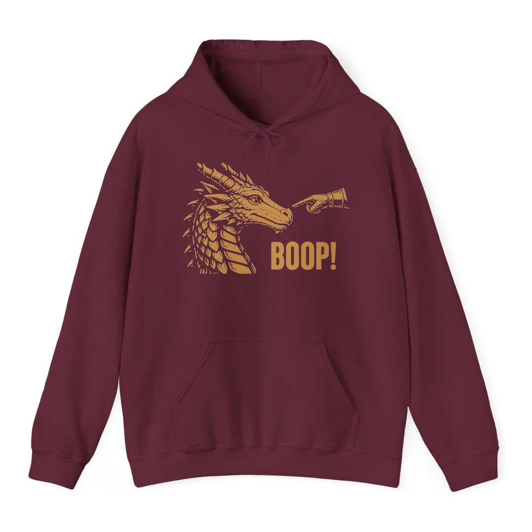 The same Dragon Boop design, on a maroon hoodie.