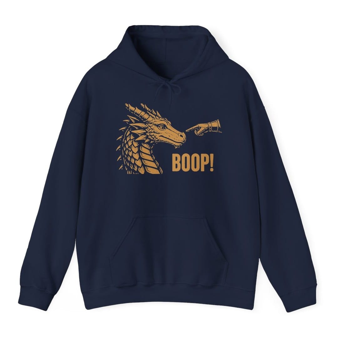 The same Dragon Boop design, on a navy hoodie.