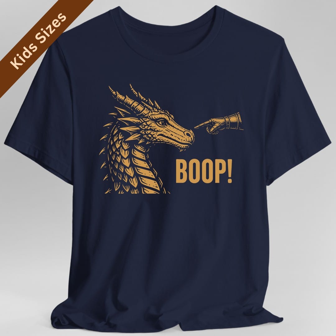 The same Dragon Boop design, on a navy kids t-shirt.