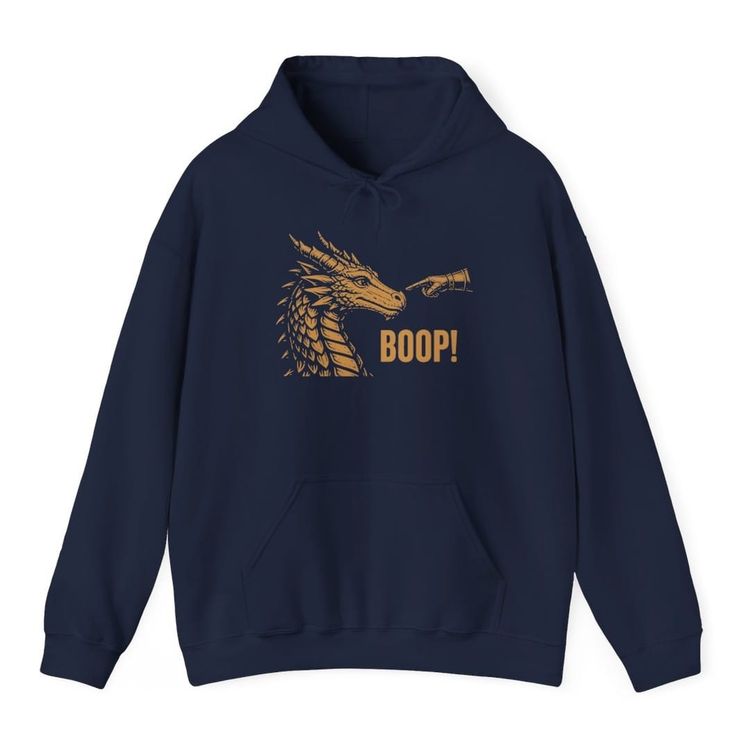 The same Dragon Boop design, on a navy hoodie.