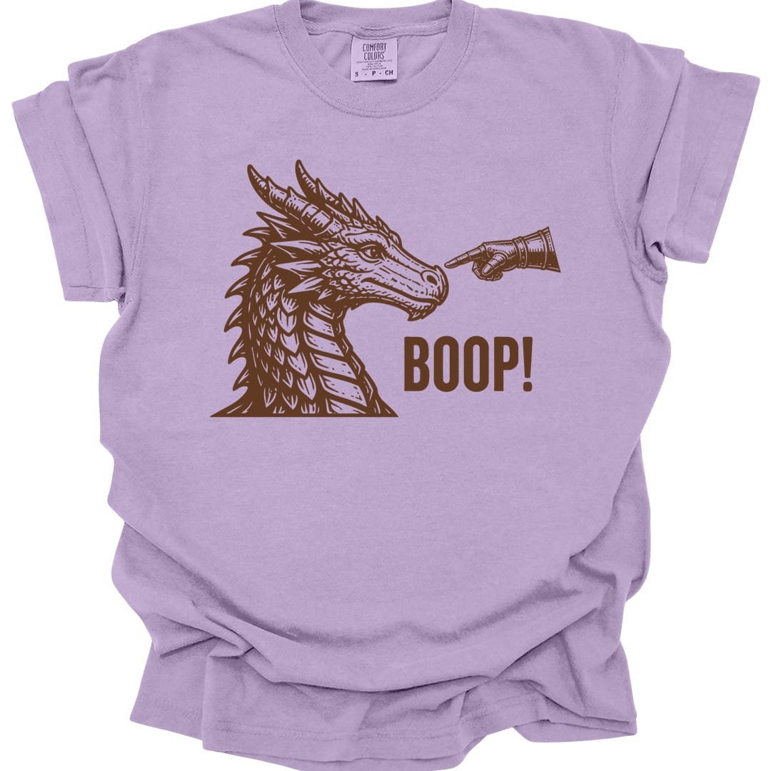 The same Dragon Boop design, on an orchid t-shirt.