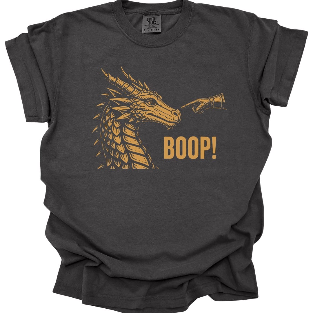 The same Dragon Boop design, on a pepper t-shirt.