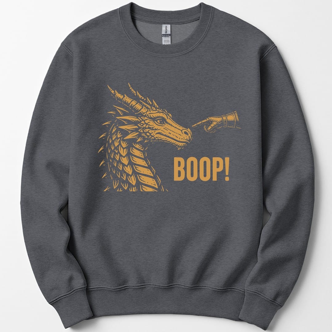 The same Dragon Boop design, on a dark heather sweatshirt.