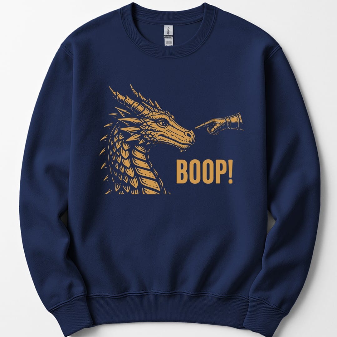 The same Dragon Boop design, on a navy sweatshirt.