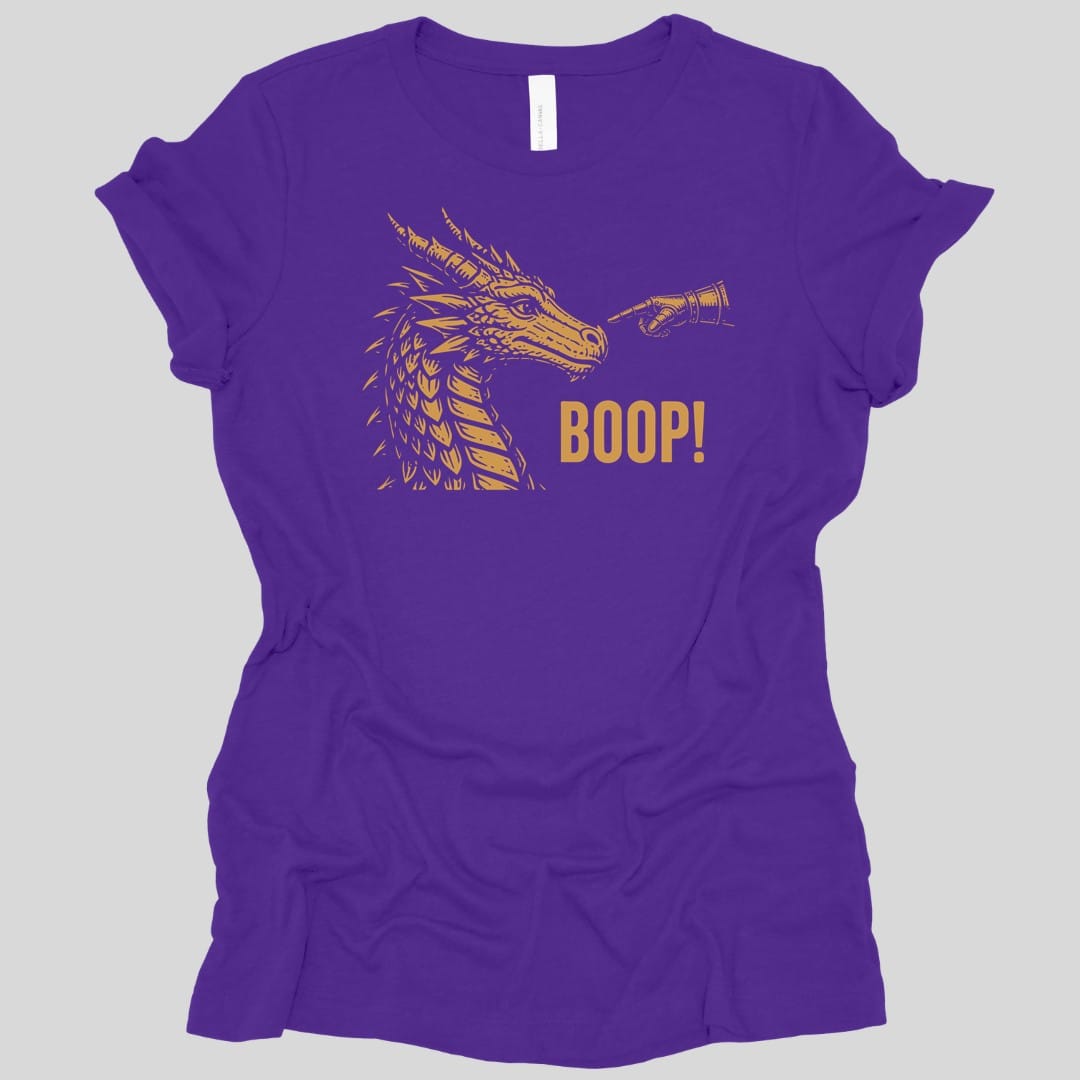 The same Dragon Boop design, on a team purple t-shirt.