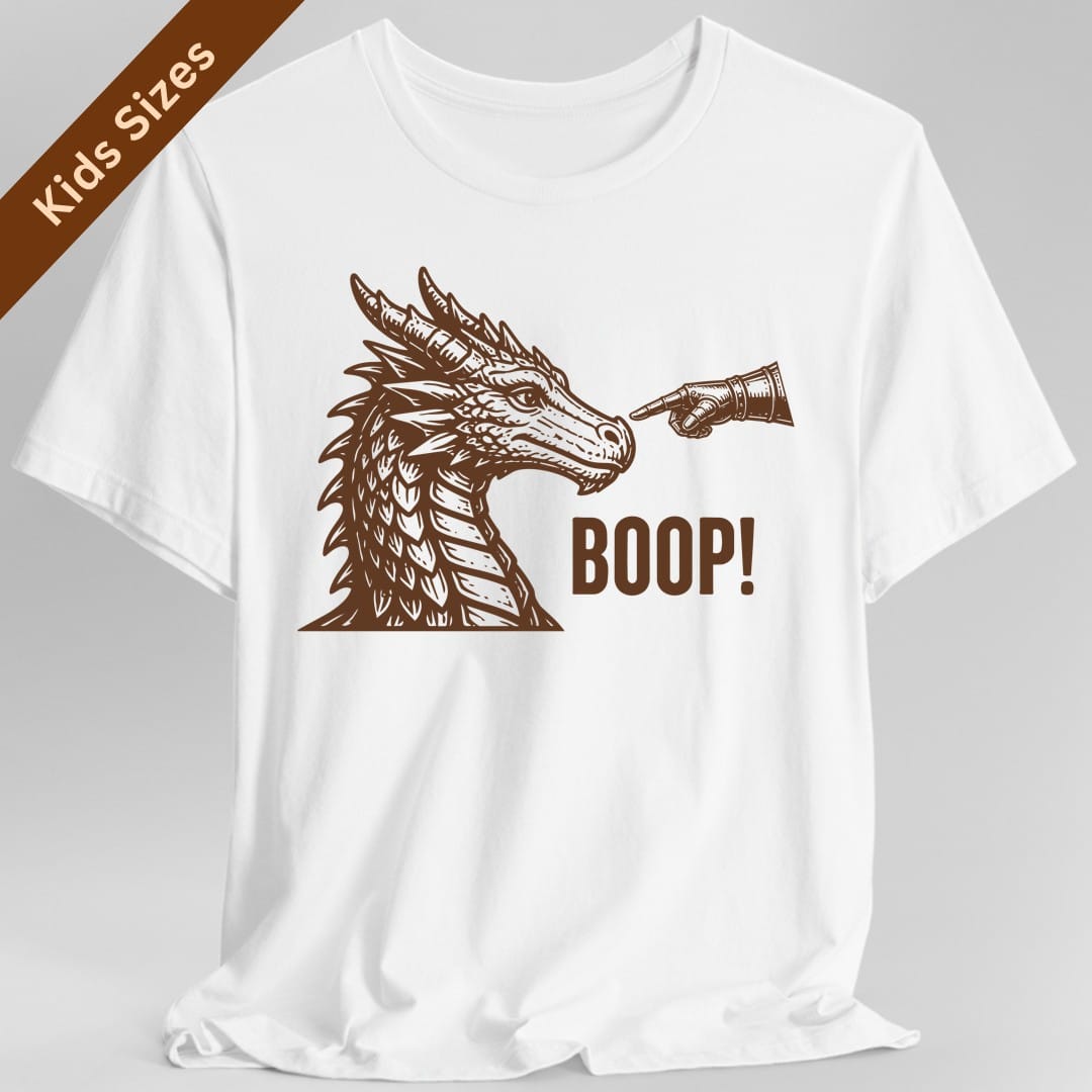 The same Dragon Boop design, on a white kids t-shirt.