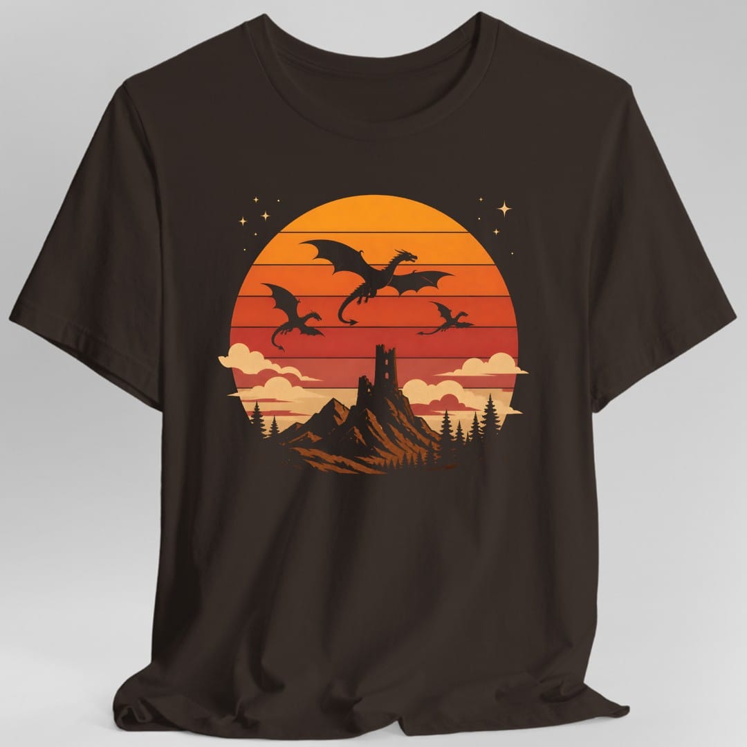 Printify T-Shirt Dark Chocolate / S Dragon Castle Retro Sunset T-Shirt