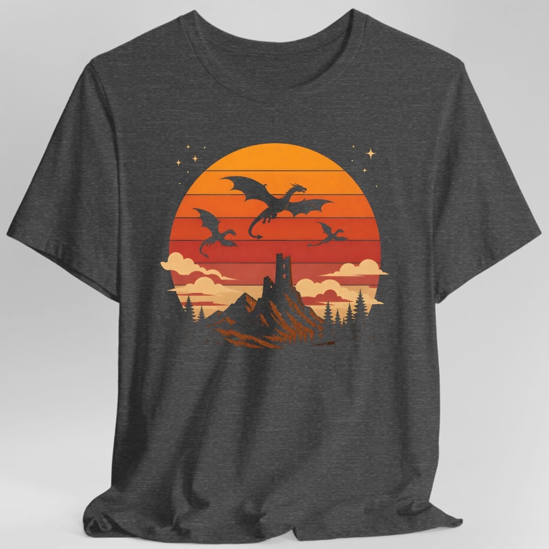 Printify T-Shirt Dark Heather / S Dragon Castle Retro Sunset T-Shirt