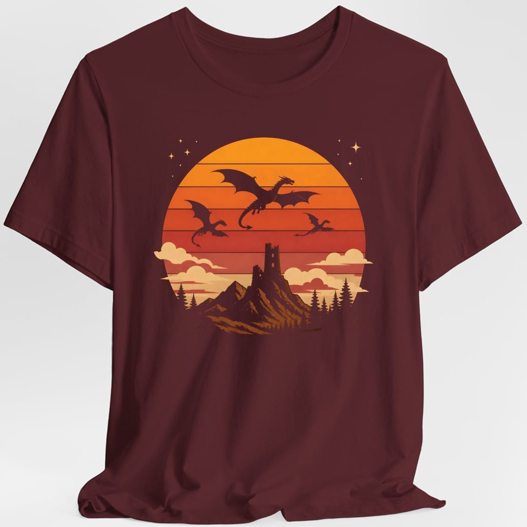 Printify T-Shirt Maroon / S Dragon Castle Retro Sunset T-Shirt