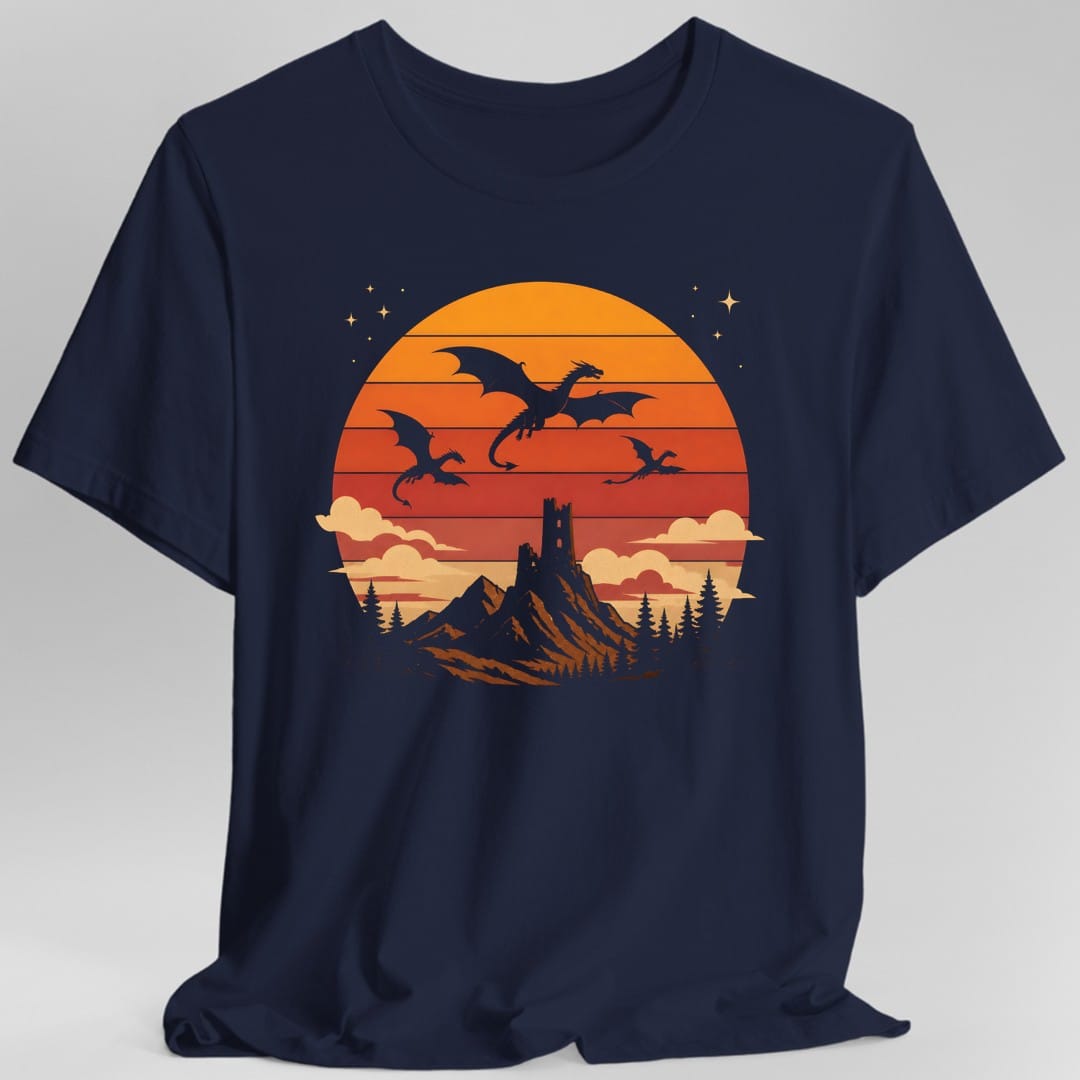 Printify T-Shirt Navy / S Dragon Castle Retro Sunset T-Shirt
