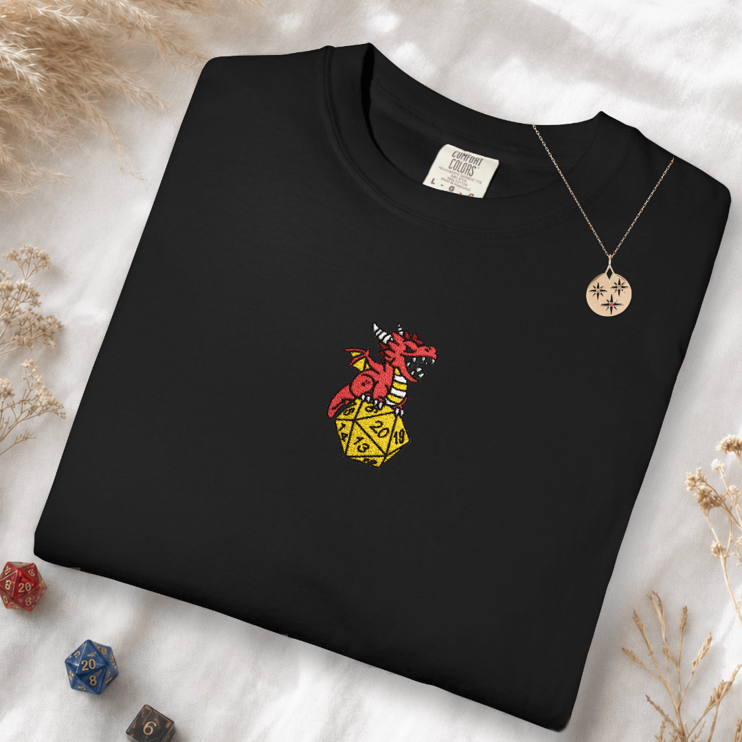 Printify T-Shirt Black / S Dragon Dice Embroidery T-shirt - Comfort Colors